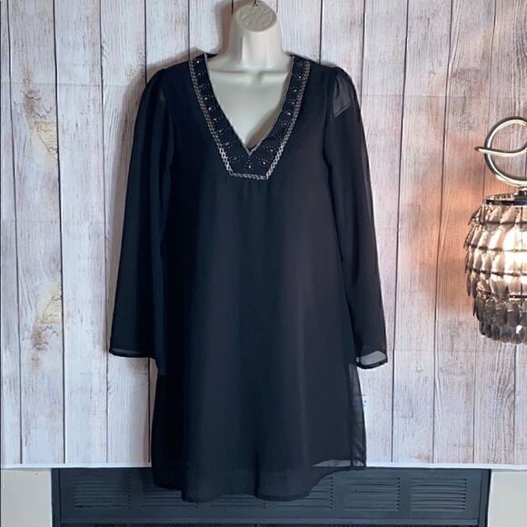 Halo Dress womens Tunic Beaded embroidered V Neck witchy chiffon Boho NWT Black - Picture 1 of 13